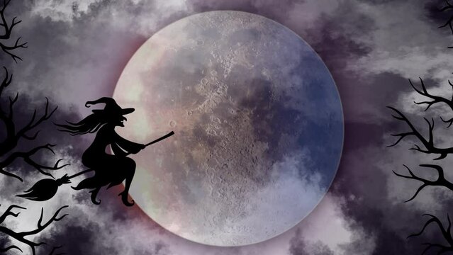 Halloween witch flying on broom on moon background. 2d animation. 4k stock footage