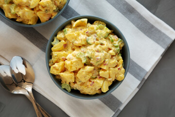 Homemade Classic Potato Salad in Bowls, top view. Flat lay, overhead, from above.