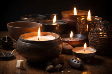 Still life with lit candles in decorative bowls and metal candle holders featuring openwork designs on a table set against a dark background
