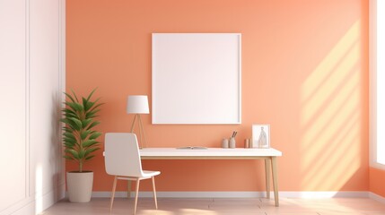 Stylish minimalist monochrome interior of modern office room in pastel orange and beige tones. Wooden desk with office tools and table lamp, chair, houseplant, poster template. Mockup, 3D rendering.