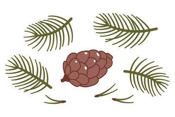 Set of vector illustrations of pine cones, conifer branches and needles isolated on a white background