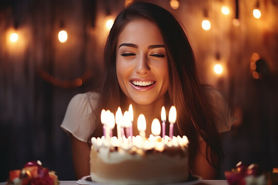 A Beautiful Thirty Year Old Woman Blows Out The Candles On Her Birthday Cake.