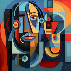 Abstract Cubist Portrait, Modern Art Interpretation with Vibrant Geometric Shapes