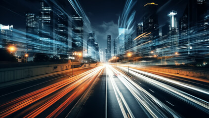 Fototapeta na wymiar Long exposure of a busy street in big city at night - Blurred lights of vehicles - Generative AI