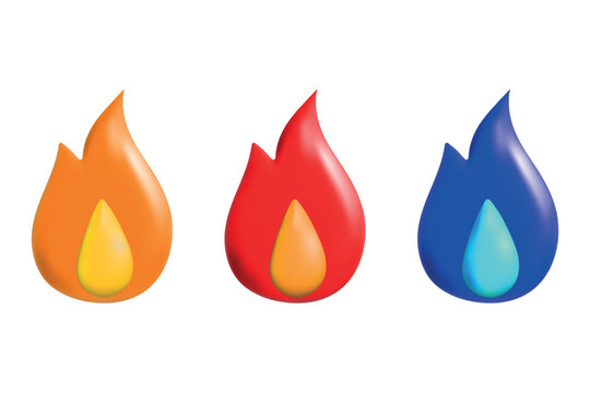 Naklejki 3d render fire emoticon emoji isolated on white background. Orange, red and blue flames, volumetric blown vector image.