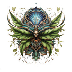 A dramatic and powerful marijuana leaf t-shirt design inspired by mythology, depicting a cannabis leaf transformed into a mythical creature with wings, Generative Ai