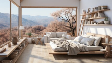 Interior of minimalist scandi style bedroom in luxury villa. Wooden floor, simple wooden bed and elements of furniture, chillout area, panoramic windows with scenic landscape. Ecodesign. 3D rendering.