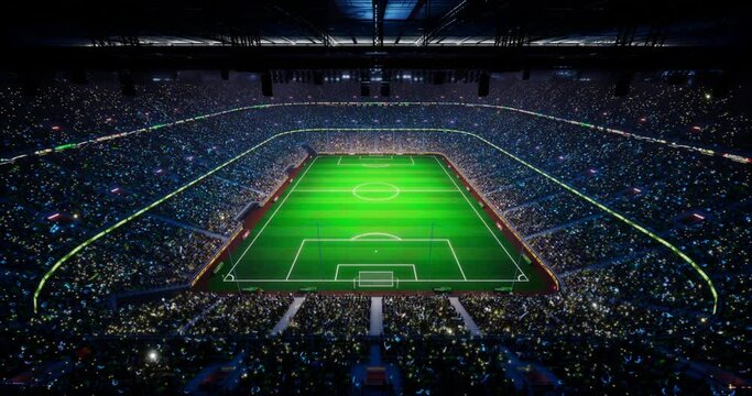 Soccer Stadium arena, blue light lit,  crowd fans, empty playground, photo flashlight. 4k 3d render