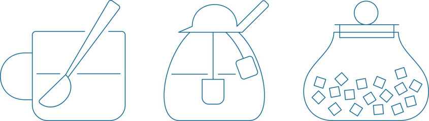 a set of dishes for tea drinking, cups and spoons with sugar, new vector icons in disassembled form with the ability to color fill layers