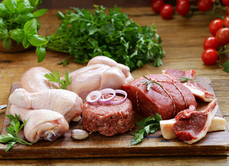 assortment of raw meat, beef, minced meat, lamb, chicken