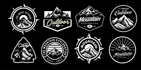 set collection of vintage adventure badge in black and white color. Camping emblem logo with mountain illustration in retro hipster style. - obrazy, fototapety, plakaty