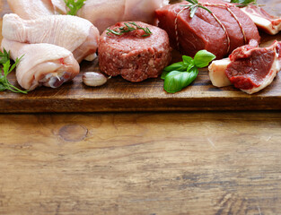 assortment of raw meat, beef, minced meat, lamb, chicken