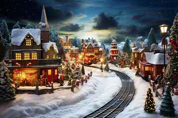 railway track in a christmas village full of snow, colorful, landscape