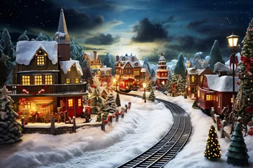 Fototapeten railway track in a christmas village full of snow, colorful, landscape © overrust