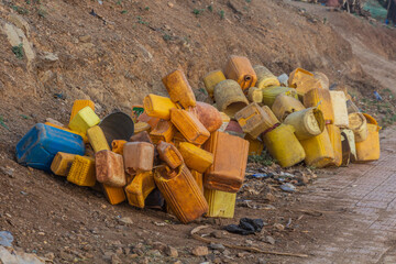 Platic vessels for water in Konso town, Ethiopia