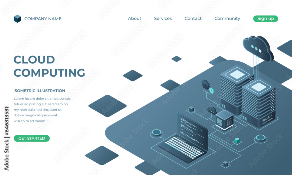 Poster cloud computing isometric landing page. cloud storage server. cloud computing online database techno