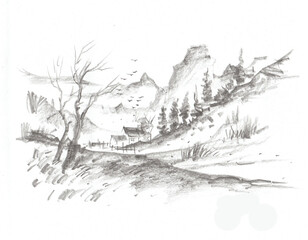 winter forest landscape pencil drawing for card decoration illustration © Supharp