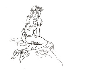girl in a mermaid costume pen drawing for card illustration decoration
