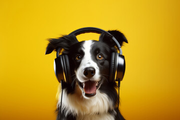 Funny border collie dog with headphones on a yellow background. 