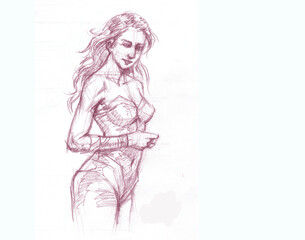 sketch of girl in a dress pencil drawing for card illustration decoration