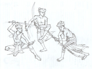 sketch of a man with swords pencil drawing for card illustration background