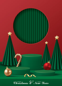 Christmas poster for product demonstration. Green pedestal or podium with bauble, candy cane and Christmas trees on red background.