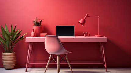 Stylish minimalist monochrome interior of modern office room in pastel carmine red and pink tones. Large desktop, computer, table lamp, houseplant, chair. Creative design. Mockup, 3D rendering.