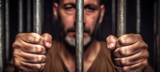 Obraz premium Social issues, abuse, and violence. Depressed man, abused and scared, man prisoner with hands-on steel lattice, prison man crime in jail