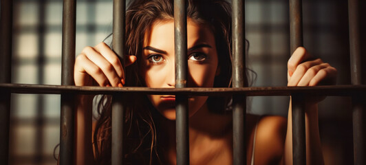 Social issues, abuse and violence on women. Depressed girl, sad. Abused and scared wife, woman prisoner with hands-on steel lattice, prison woman crime in jail