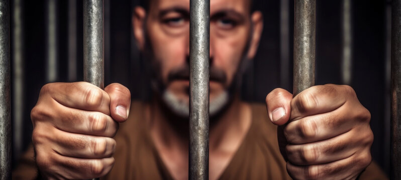 Social issues, abuse, and violence. Depressed man, abused and scared, man prisoner with hands-on steel lattice, prison man crime in jail