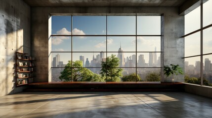 Interior of empty open space room in modern urban building for office or loft studio. Concrete walls and floor, furniture, houseplants. Floor-to-ceiling windows with city view. Mockup, 3D rendering.