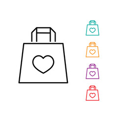 Black line Shopping bag with heart icon isolated on white background. 8 March. International Happy Women Day. Set icons colorful. Vector Illustration