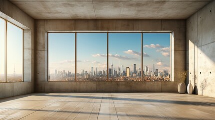 Interior of empty open space room in modern urban building for office or loft studio. Concrete walls and floor, home decor. Floor-to-ceiling windows with city view. Mockup, 3D rendering.