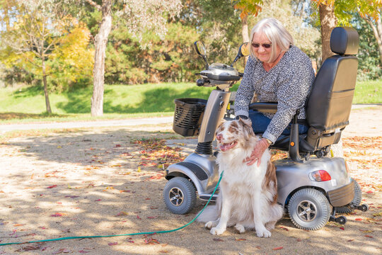 An elderly woman in a mobility scooter with her dog in an Autumn setting