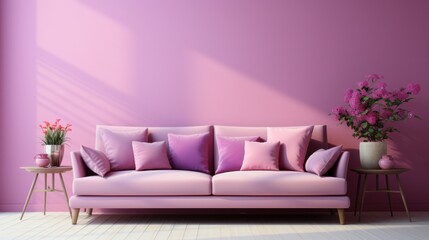 Stylish minimalist monochrome interior of modern cozy living room in pastel pink and purple tones. Trendy couch, side tables, flowers in vases. Creative home design. Mockup, 3D rendering.