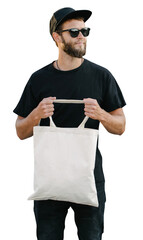 man holding white textile eco bag. White eco bag