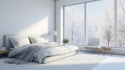 Interior of white minimalist scandi bedroom in luxury cottage or hotel. Large comfortable bed, side tables, armchairs, panoramic window with winter forest view. Ecodesign. Mockup, 3D rendering.