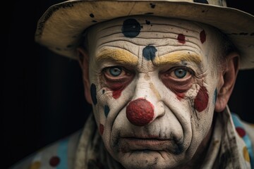 Sad old clown with red nose and festive hat. Unhappy senior man in clown makeup. Looking at camera.