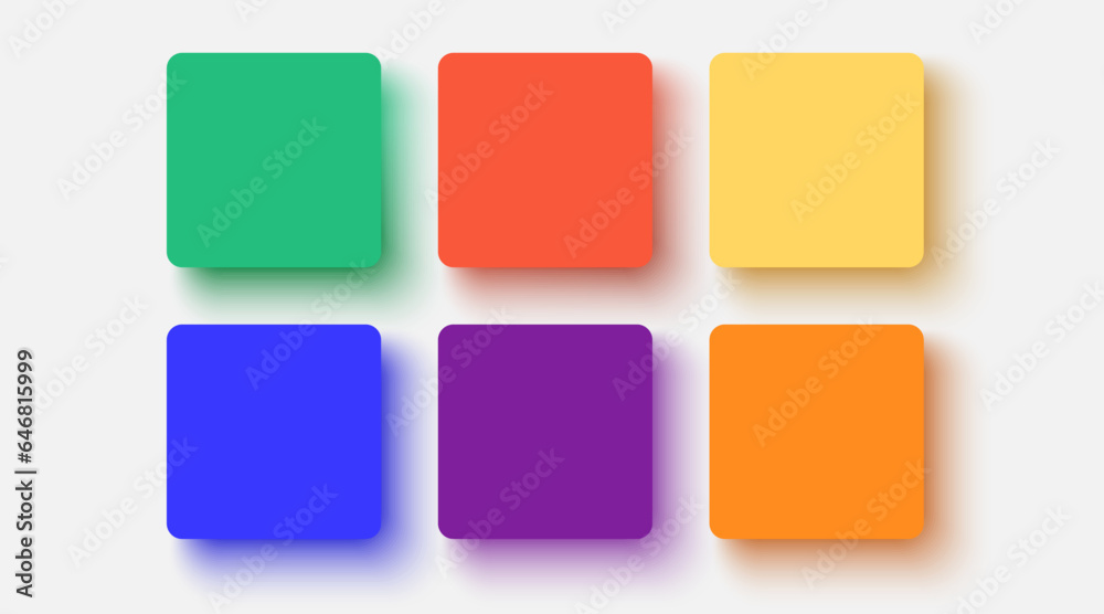 Aufkleber Collection of square shapes in different colors with rounded corners and colored smooth shadows. Web design element. Bright empty squares with glow effect. Vector illustration