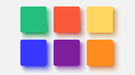 Collection of square shapes in different colors with rounded corners and colored smooth shadows. Web design element. Bright empty squares with glow effect. Vector illustration