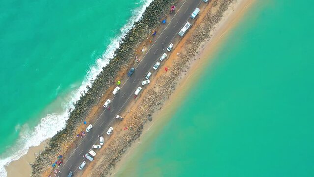 Tip of Dhanushkodi top view from above.The end point of the Indian mainland, is popular for viewing ocean sunsets, Dhanushkodi, Tamilnadu, India.