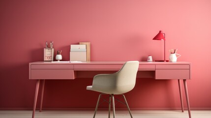 Stylish minimalist monochrome interior of modern office room in pastel carmine red and pink tones. Large desktop, office tools, table lamp, armchair. Creative design. Mockup, 3D rendering.