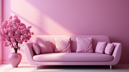 Stylish minimalist monochrome interior of modern cozy living room in pastel pink and purple tones. Trendy couch with cushions, exotic tree in a vase. Creative home design. Mockup, 3D rendering.