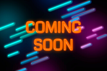 Coming Soon text neon banner on brick wall background.