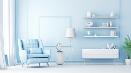 Stylish minimalist monochrome interior of modern cozy living room in white and pastel blue tones. Trendy armchair, commode, floor lamp, poster template. Creative design. Mockup, 3D rendering.