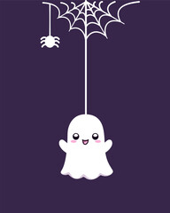 Cute Ghost Hanging on a Spider Web Cartoon, Happy Halloween Spooky Ornaments Decoration Vector illustration