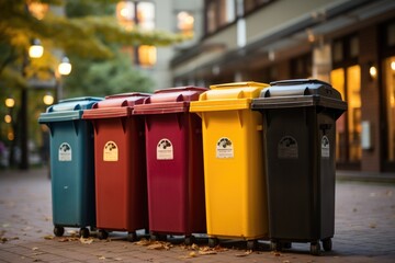 Recycling bin stands outdoor. Image of rows of recycling bins in a park.