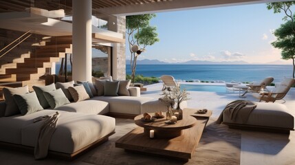 Fototapeta na wymiar Luxury Living Room Design with Spectacular Beach Scenery. Relax in Coastal Comfort.
