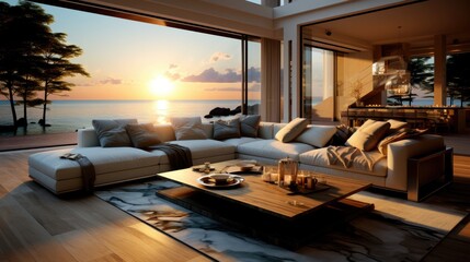Luxury Living Room Design with Spectacular Beach Scenery. Relax in Coastal Comfort.