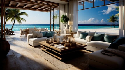 Luxury Living Room Design with Spectacular Beach Scenery. Relax in Coastal Comfort.